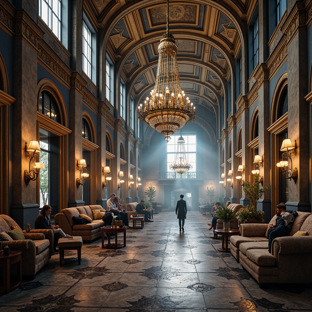 Prompt: Majestic buildings, Prussian blue accents, golden ornate details, grandiose columns, luxurious marble floors, intricate mosaic patterns, ornamental ironwork, lavish chandeliers, regal furnishings, rich velvet fabrics, dramatic high ceilings, warm ambient lighting, shallow depth of field, 1/2 composition, realistic textures, atmospheric mist.