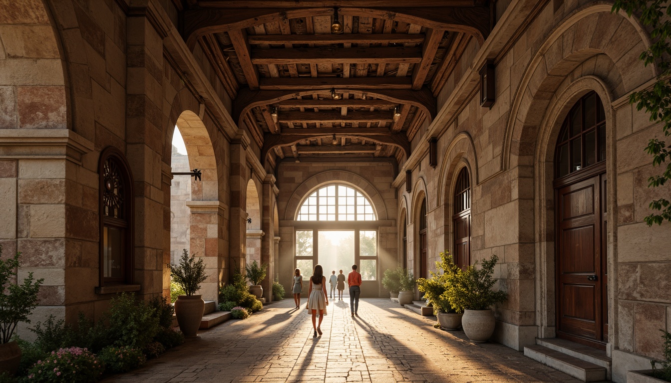 Prompt: Majestic archways, rustic stone walls, ornate carvings, grand entranceways, vaulted ceilings, ribbed domes, stained glass windows, intricate mosaics, ornamental capitals, weathered stone columns, earthy tone color palette, warm golden lighting, dramatic shadows, atmospheric mist, 1/1 composition, symmetrical framing, rich textures, subtle ambient occlusion.