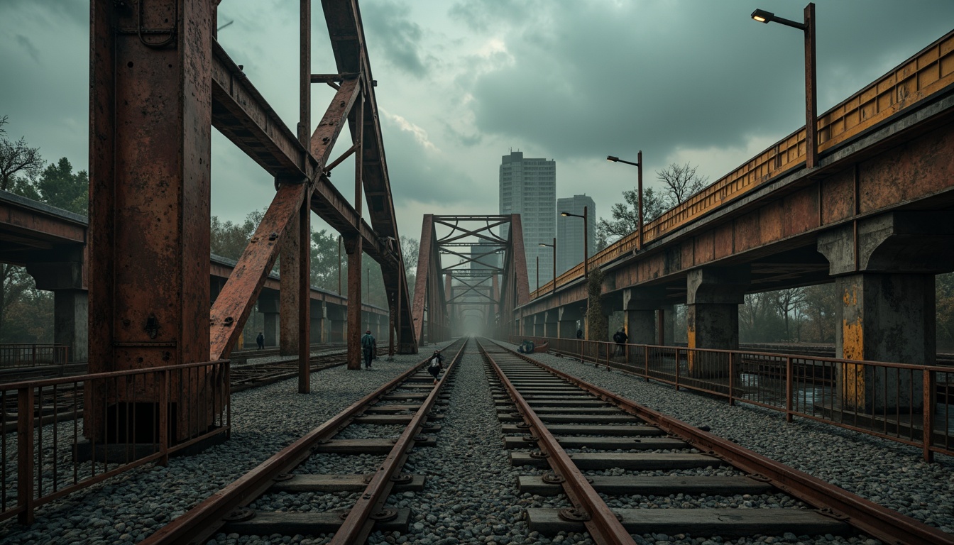 Prompt: Rustic steel bridges, industrial-era aesthetic, distressed metal textures, warm earthy tones, weathered wood accents, muted blue-grey skies, atmospheric mist, soft golden lighting, cinematic composition, shallow depth of field, 2/3 rule, moody contrast, realistic wear and tear, subtle grain effect.