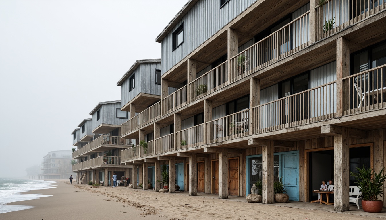 Prompt: Weathered coastal facade, rustic wooden planks, corrugated metal cladding, ocean-inspired color palette, sandy dunes, sea salt air, misty mornings, dramatic wave crashes, beachside promenade, sturdy pillars, cantilevered balconies, nautical-themed railings, distressed finishes, natural stone accents, seaweed-covered walls, driftwood decorations, marine-grade materials, wind-resistant design, 1/2 composition, soft warm lighting, hazy atmosphere, subtle texture details.