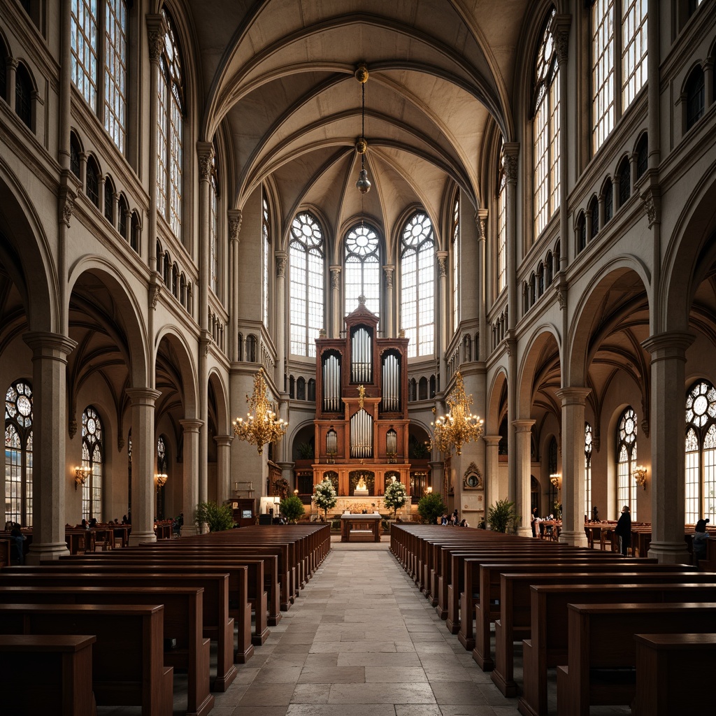 Prompt: Grand cathedral, majestic domes, soaring arches, intricately carved stone facades, stained glass windows, ornate chapels, vaulted ceilings, pews, altars, grand organs, sacred symbols, golden accents, solemn ambiance, soft warm lighting, high contrast ratio, 1/1 composition, symmetrical framing, realistic textures, subtle atmospheric fog.