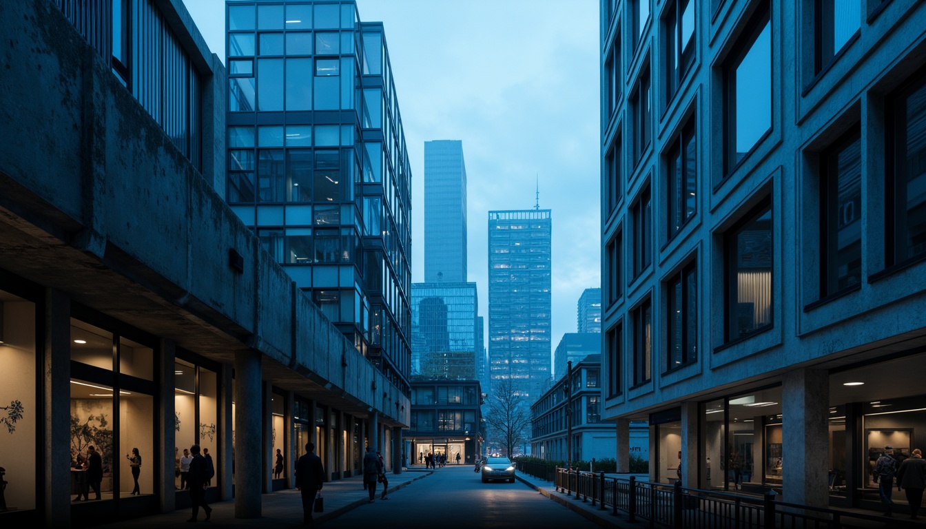 Prompt: Moody atmospheric cityscape, Prussian blue accents, modernist architecture, sleek glass skyscrapers, metallic reflections, industrial textures, urban landscape, misty morning, dramatic lighting, shallow depth of field, 2/3 composition, low-angle shot, cinematic mood, rich contrasts, mysterious ambiance, brutalist concrete structures, abstract geometric patterns, bold color blocking, contemporary art installations.