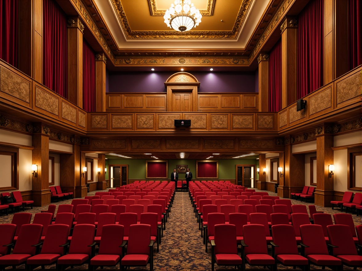 Prompt: Elegant academic theater, rich velvet curtains, warm golden lighting, ornate wooden paneling, plush red seats, intricate moldings, grand chandelier, dramatic spotlights, bold color blocking, contrasting cool tones, harmonious analogous hues, vibrant accent walls, luxurious carpeted aisles, sophisticated architectural details, refined minimalist decor, warm inviting ambiance, soft focus, shallow depth of field, 1/1 composition, cinematic framing, high-contrast lighting, detailed textures, subtle ambient occlusion.