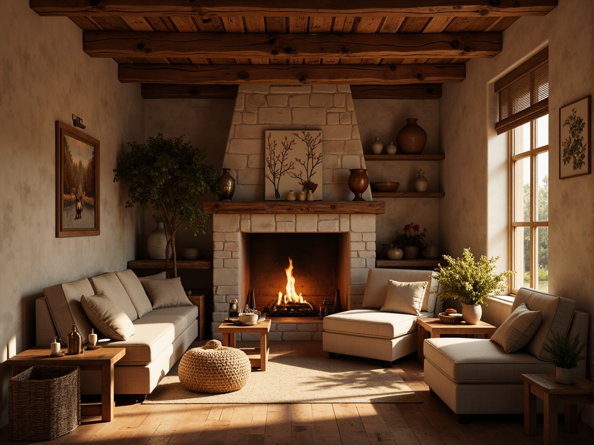 Prompt: Warm chocolate tones, rich brown hues, creamy beige accents, golden lighting, inviting atmosphere, cozy textures, soft furnishing, rustic wooden elements, natural stone walls, earthy ceramics, vintage decorative items, nostalgic feelings, comforting ambiance, shallow depth of field, 3/4 composition, warm color harmony, realistic rendering.