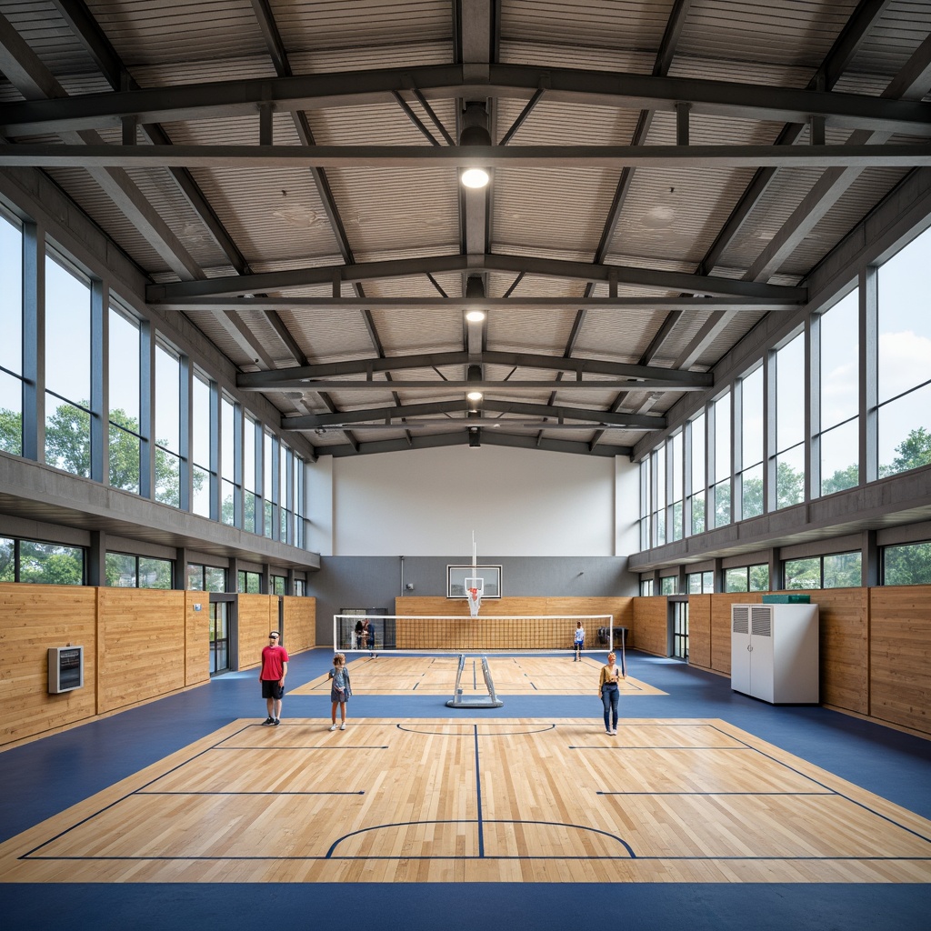 Prompt: Minimalist gymnasium, rectangular forms, clean lines, functional simplicity, steel frames, glass curtain walls, cantilevered roofs, open floor plans, natural light, athletic tracks, basketball courts, volleyball nets, gymnastic equipment, wooden floors, rubberized surfaces, modernistic color schemes, subtle texture variations, shallow depth of field, 2/3 composition, symmetrical framing, realistic lighting effects, ambient occlusion.