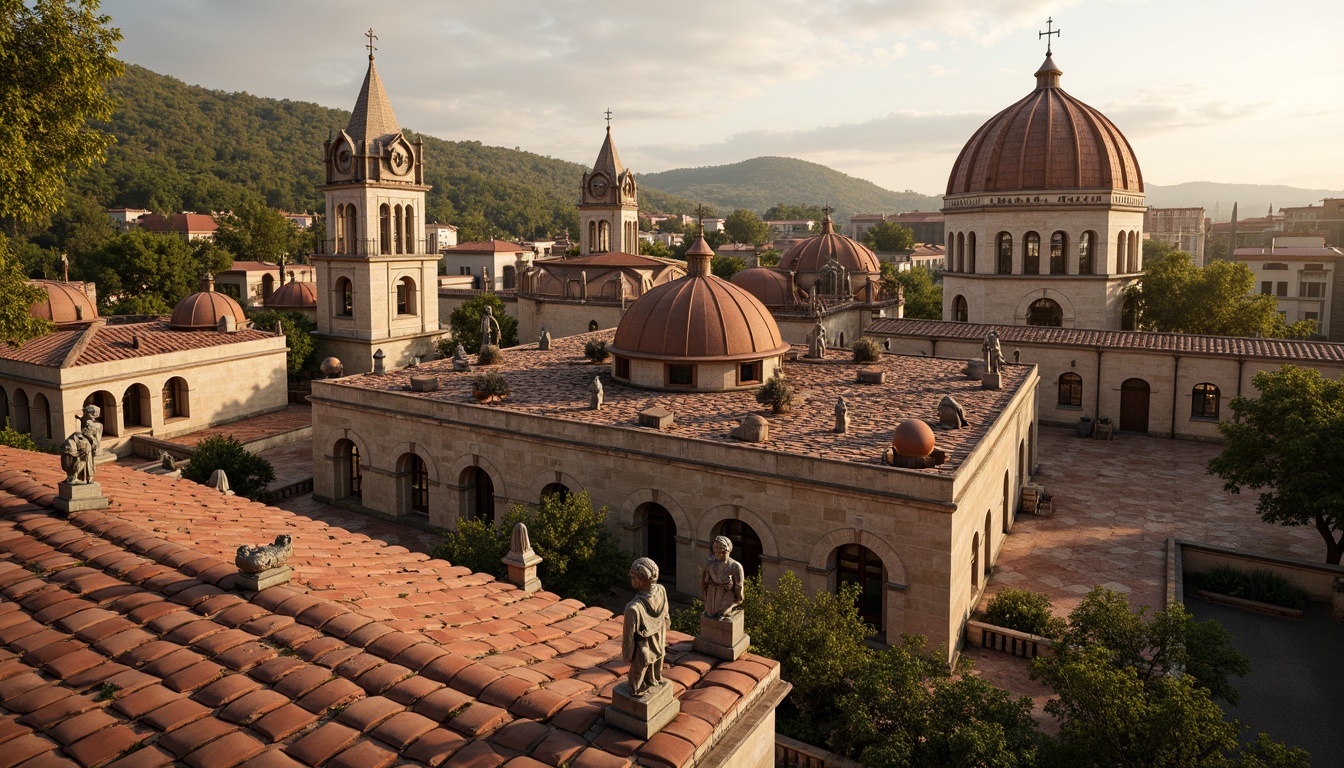 Prompt: Ancient Roman-inspired roofscape, terracotta tiles, ornate gargoyles, grandiose bell towers, rustic stone walls, vibrant greenery, intricately carved wooden beams, majestic dome structures, curved archways, stained glass windows, warm golden lighting, soft afternoon sun, shallow depth of field, 1/1 composition, symmetrical framing, realistic textures, ambient occlusion.