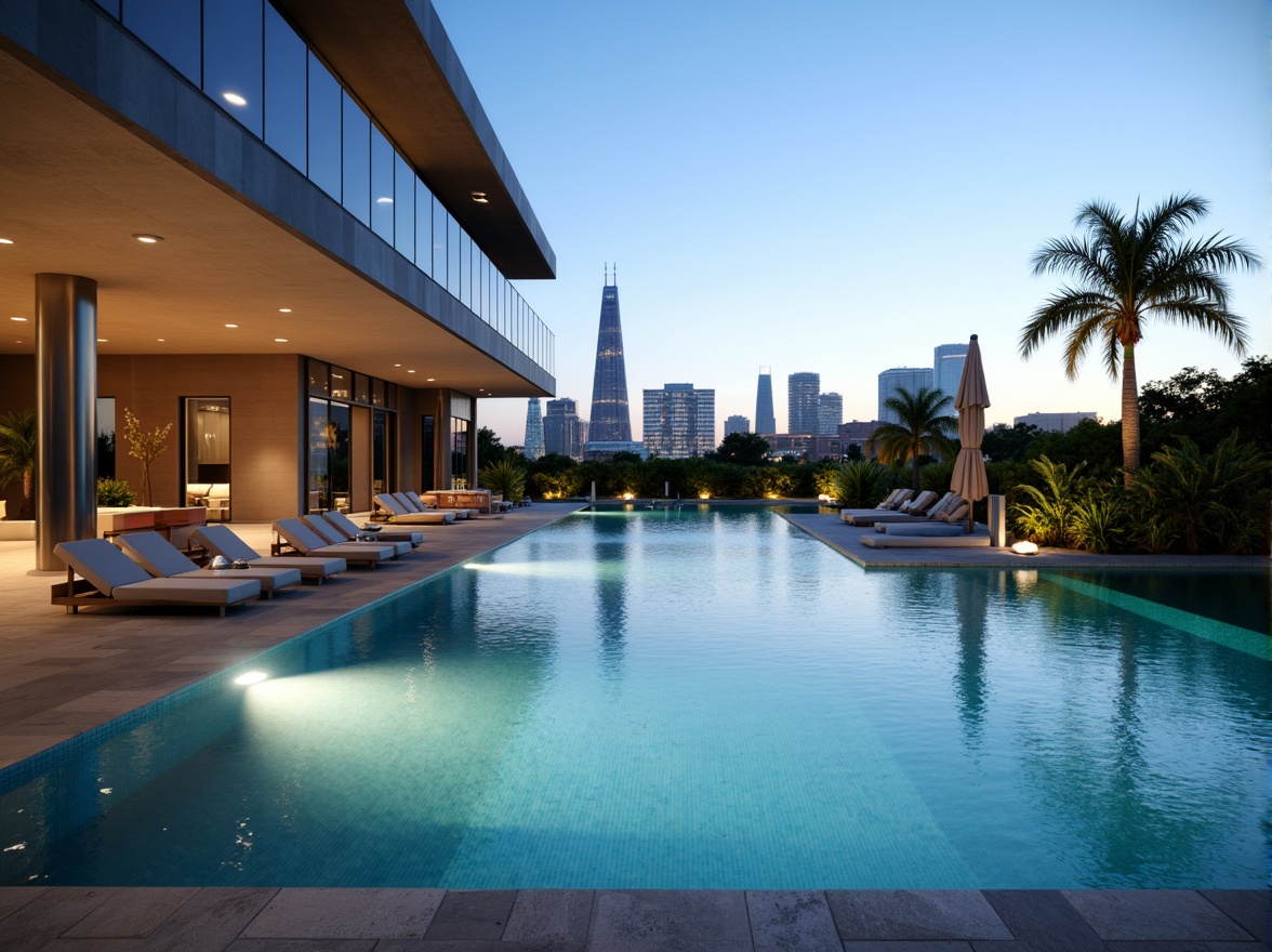 Prompt: Sleek modern swimming pool, streamlined curves, glass tile surfaces, LED underwater lighting, warm ambiance, soft blue glow, subtle water effects, morning sunlight, natural stone decking, minimalist lounge chairs, umbrellas, tropical plants, palm trees, urban skyline views, 1/2 composition, shallow depth of field, realistic reflections, ambient occlusion.