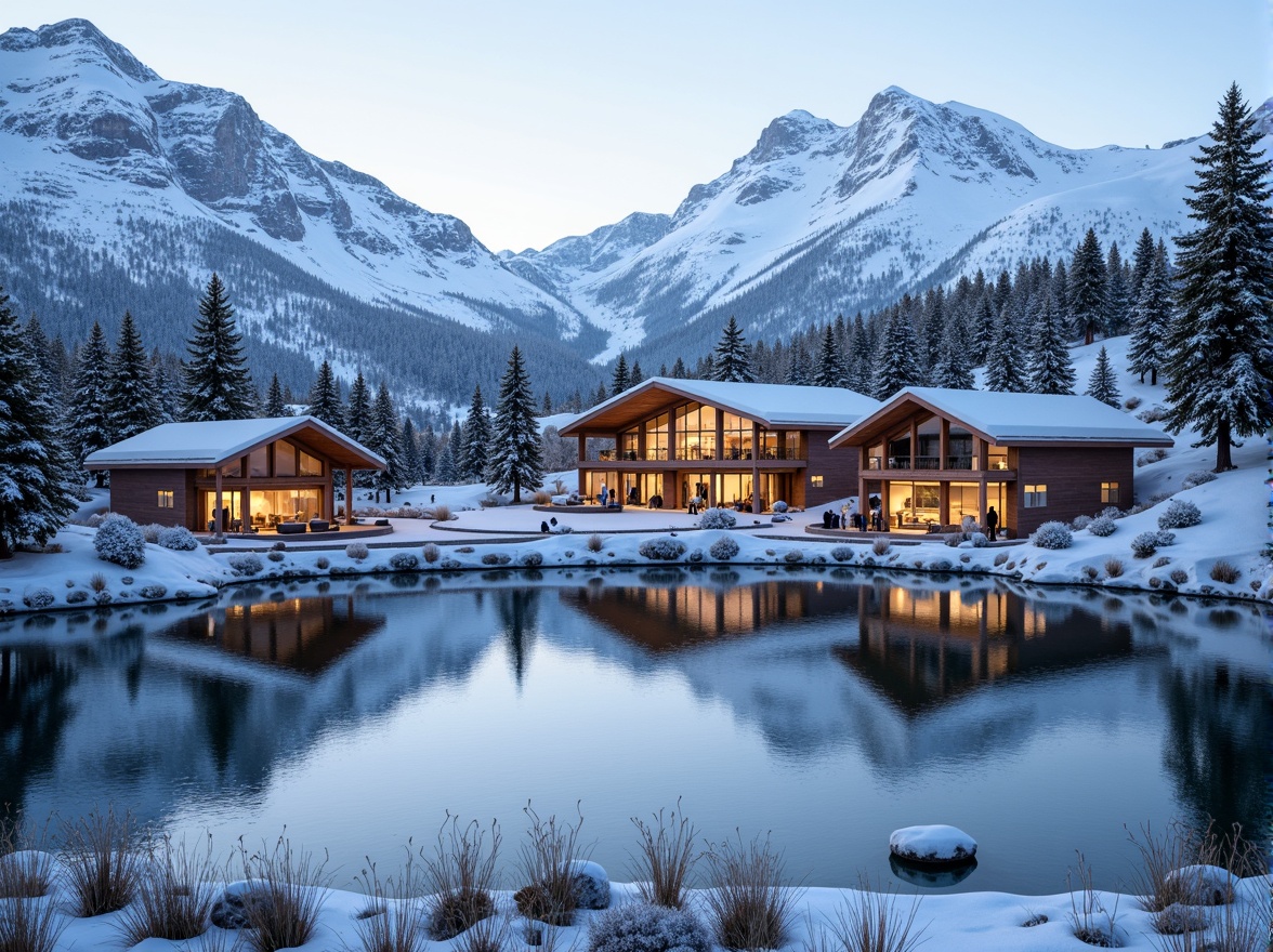 Prompt: Snow-capped mountain peaks, pine tree forests, serene frozen lakes, ski trails, chairlifts, gondolas, rustic wooden buildings, modern ski center architecture, large windows, glass facades, cantilevered roofs, natural stone walls, wooden accents, cozy fireplaces, warm ambient lighting, shallow depth of field, 3/4 composition, panoramic view, realistic textures, ambient occlusion.