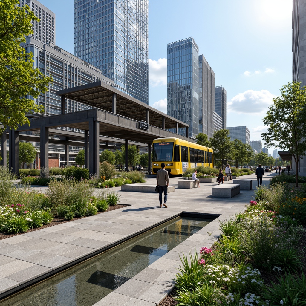 Prompt: Urban tram station, modern transportation hub, sleek steel structures, green roofs, solar panels, urban gardens, lush vegetation, vibrant flowers, pedestrian pathways, benches, public art installations, dynamic lighting systems, shallow water features, natural stone paving, eco-friendly materials, sustainable drainage solutions, rainwater harvesting systems, bike storage facilities, wheelchair-accessible ramps, panoramic views, realistic textures, ambient occlusion.