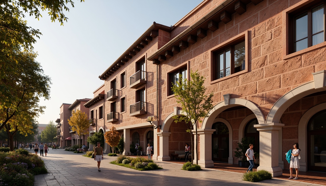 Prompt: Vibrant community center, renaissance-inspired fa\u00e7ade, ornate stone carvings, intricate moldings, grand archways, columned entrance, warm golden lighting, rich terracotta tones, rustic brick textures, decorative balconies, flowing drapery, lush greenery, pedestrian-friendly plaza, bustling street life, 1/2 composition, shallow depth of field, soft focus blur.