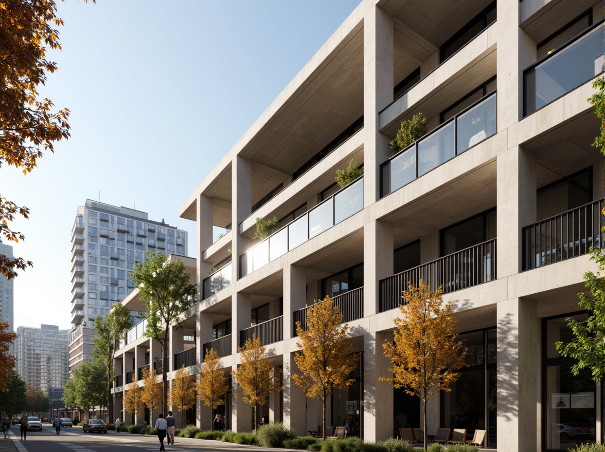 Prompt: Modernist building facade, exposed concrete columns, cantilevered roofs, minimalist ornamentation, industrial steel beams, open floor plans, functional simplicity, natural ventilation systems, abundance of natural light, neutral color palette, sleek lines, geometric shapes, urban cityscape background, warm afternoon sunlight, soft shadows, 1/1 composition, realistic material textures, ambient occlusion.