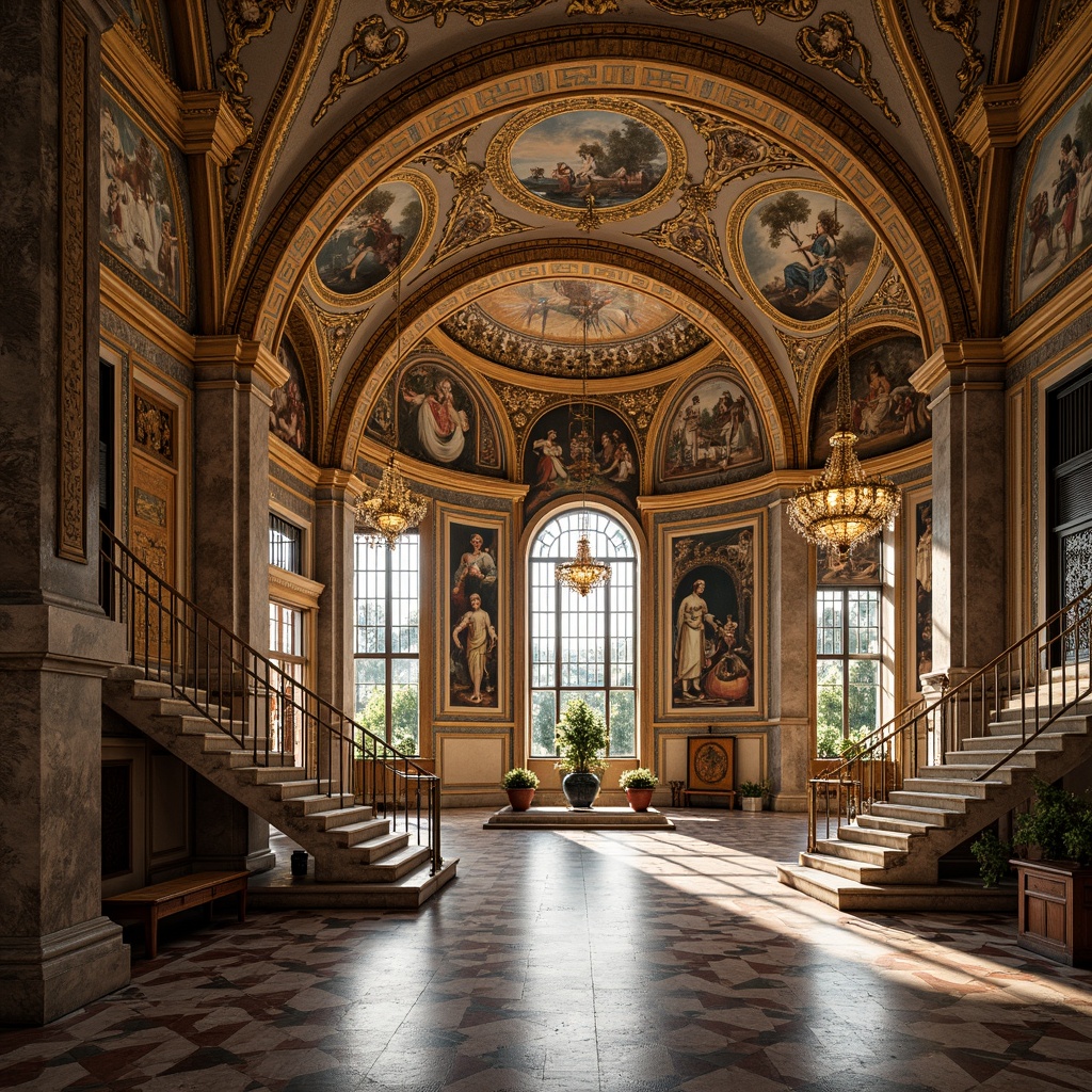 Prompt: Intricate mosaics, golden domes, ornate archways, vibrant frescoes, lavish marble floors, grandiose entrance halls, sweeping staircases, ornamental columns, Byzantine-inspired patterns, richly textured stone walls, grand chandeliers, stained glass windows, high ceilings, dramatic lighting, 1/2 composition, warm color palette, detailed ornaments, realistic textures, ambient occlusion.