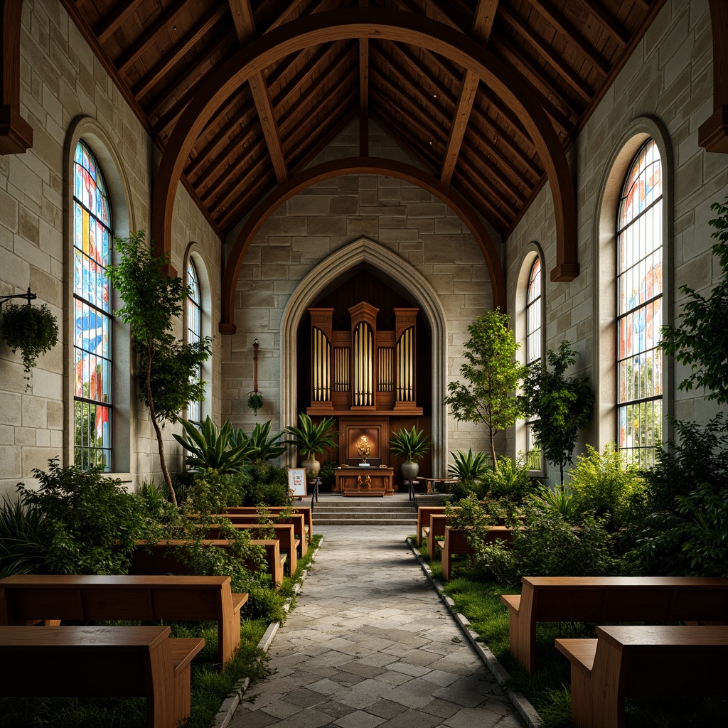 Prompt: Rustic stone church, natural surroundings, lush greenery, wooden pews, stained glass windows, vaulted ceilings, grand organ, warm candlelight, serene atmosphere, peaceful ambiance, subtle lighting, soft shadows, harmonious colors, earthy tones, organic textures, botanical patterns, nature-inspired ornaments, intricate carvings, wooden accents, elegant arches, symmetrical composition, 1/2 format, shallow depth of field, natural light pouring in.