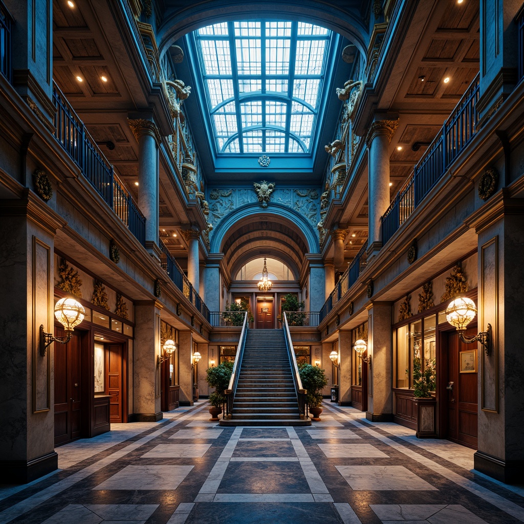 Prompt: Majestic building facade, Prussian blue accents, golden ornaments, intricate stonework, grand entranceways, ornate columns, luxurious marble floors, rich wood paneling, dramatic staircases, vibrant color scheme, high-contrast lighting, deep shadows, cinematic composition, atmospheric perspective, detailed textures, realistic reflections.