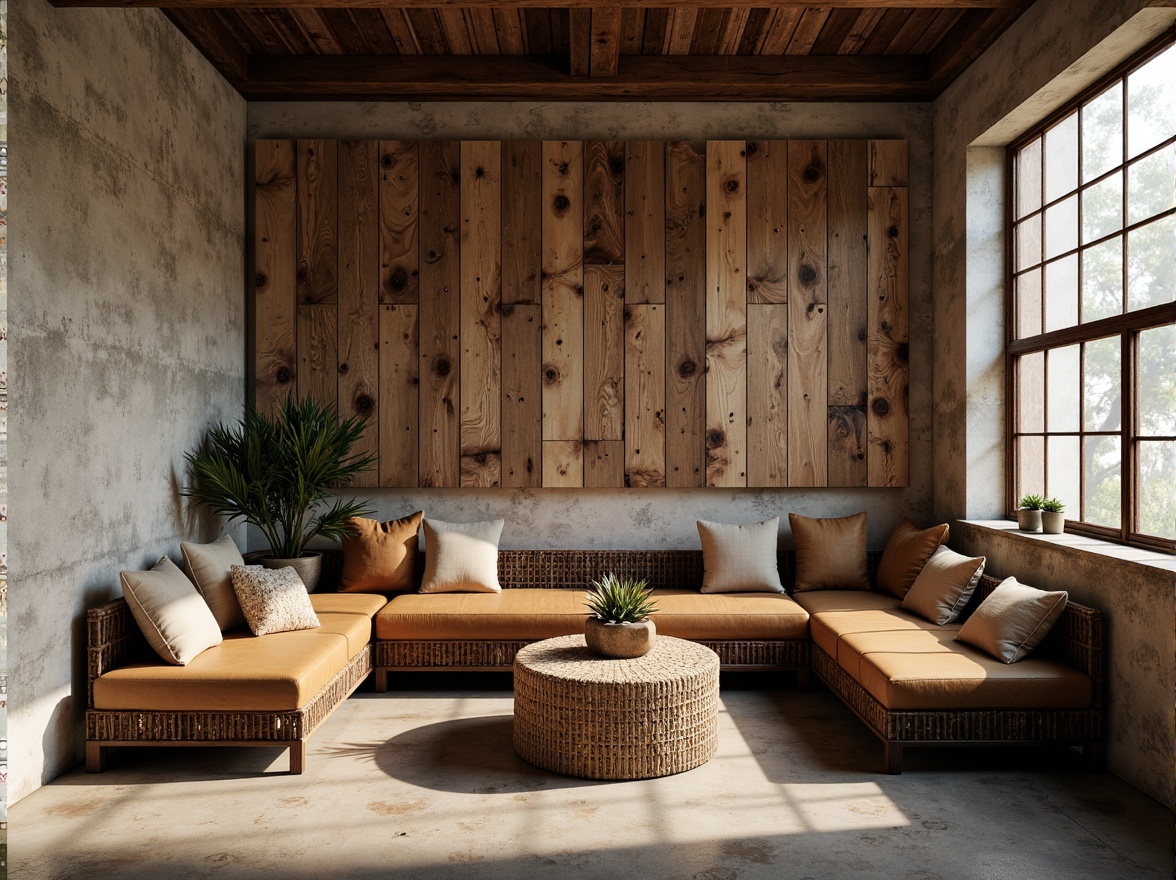 Prompt: Rustic wooden planks, distressed metal sheets, rough stone walls, peeling paint, worn concrete floors, natural fabric upholstery, tactile leather accents, intricate woven patterns, organic earthy tones, warm soft lighting, shallow depth of field, 2/3 composition, realistic textures, ambient occlusion.