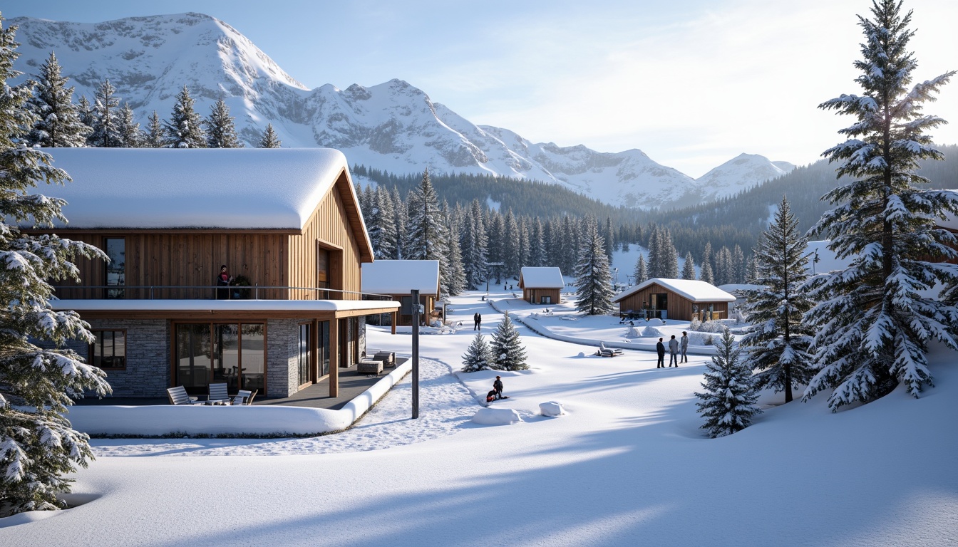 Prompt: Snow-capped mountains, ski trails, chairlifts, mountainous terrain, pine trees, frozen lakes, modern ski center architecture, sustainable building materials, wooden accents, large windows, panoramic views, natural stone walls, rustic charm, warm cozy atmosphere, soft warm lighting, ambient occlusion, 3/4 composition, shallow depth of field, realistic textures, dynamic reflections.