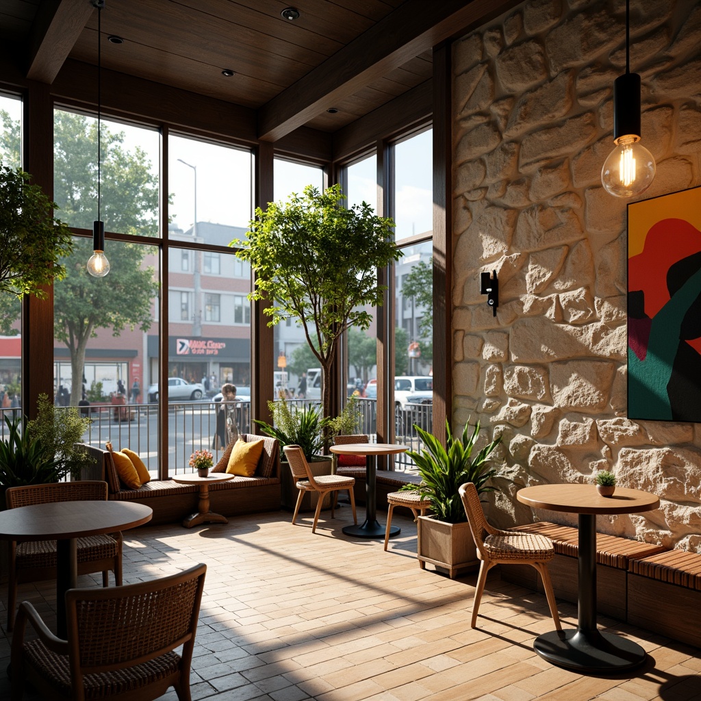 Prompt: Cozy coffee shop interior, large windows, natural stone walls, wooden flooring, minimalist decor, greenery, pendant lamps, soft warm lighting, shallow depth of field, 3/4 composition, panoramic view, realistic textures, ambient occlusion, morning sunlight, urban cityscape, bustling streets, outdoor seating area, metal tables, rattan chairs, vibrant colorful cushions, abstract artwork, geometric patterns.