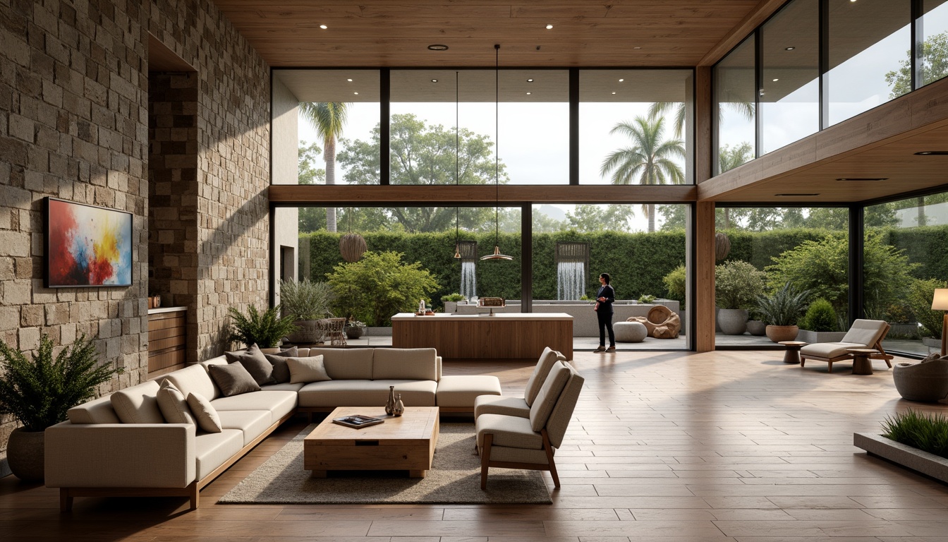 Prompt: Cozy living room, natural stone walls, wooden flooring, plush furnishings, floor-to-ceiling windows, sliding glass doors, spacious open-plan layout, minimalist decor, soft warm lighting, layered textiles, comfortable seating areas, modern kitchen island, sleek cabinetry, marble countertops, pendant lighting fixtures, lush greenery, private outdoor spaces, vertical gardens, serene water features, inviting entranceways, ornate door handles, elegant staircases, airy loft spaces, vaulted ceilings, skylights, panoramic views, 3/4 composition, shallow depth of field, realistic textures.