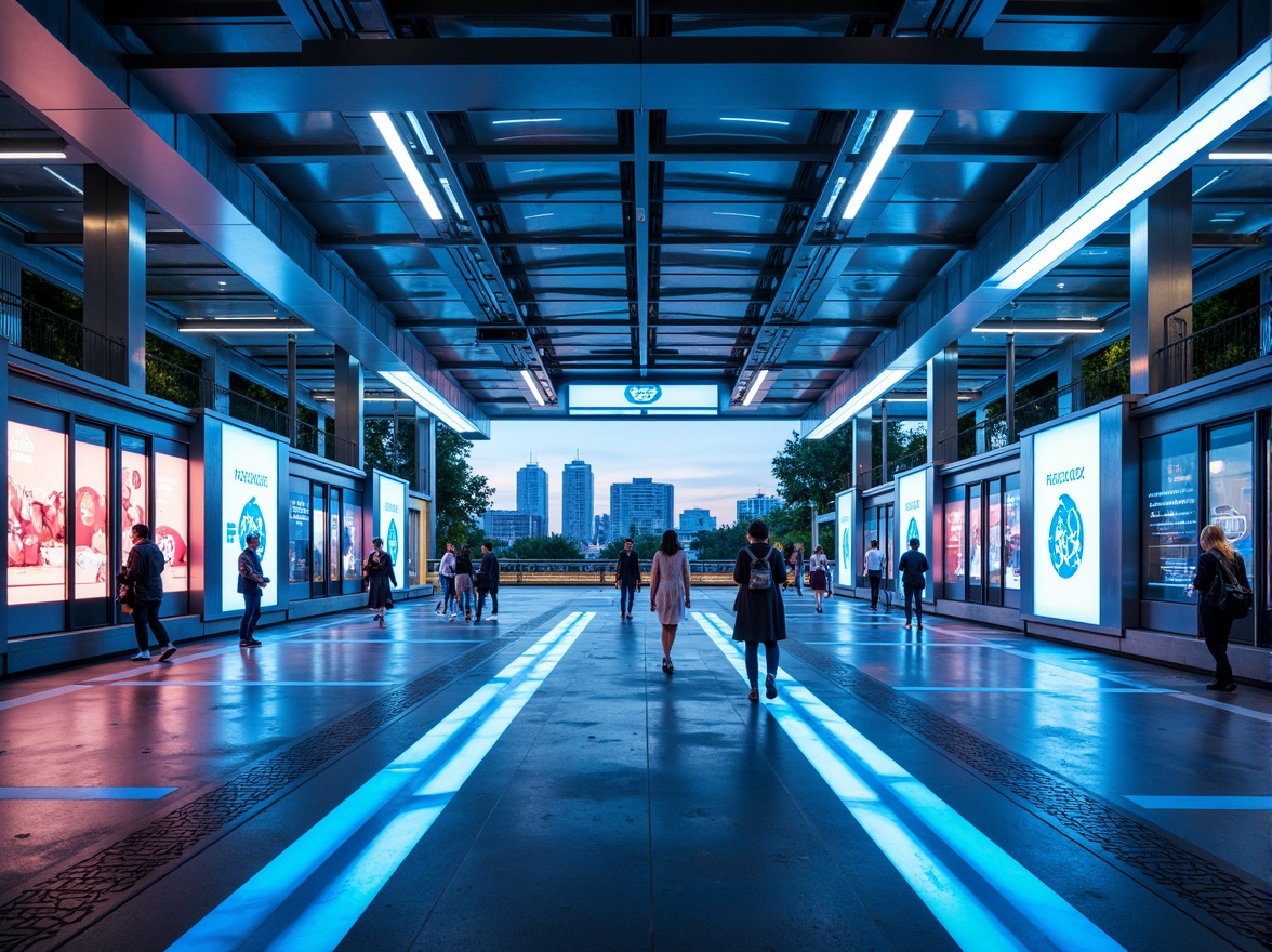 Prompt: Futuristic tram station, sleek metallic structures, neon-lit advertisement boards, LED light strips, glass roofs, modern minimalist design, high-gloss flooring, stainless steel handrails, vibrant blue and silver color scheme, dynamic LED lighting, abstract geometric patterns, holographic displays, advanced technology integration, spacious open areas, elevated platforms, panoramic city views, soft ambient lighting, shallow depth of field, 1/1 composition.