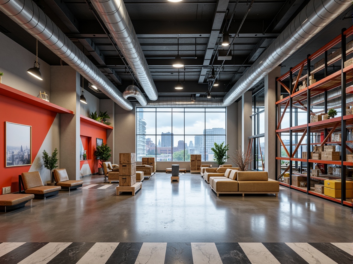 Prompt: Industrial chic distribution center, exposed ductwork, polished concrete floors, sleek metal beams, functional shelving units, geometric patterned walls, bold color accents, minimalist lighting fixtures, open-plan layout, high ceilings, industrial-style windows, urban cityscape views, cloudy day, soft diffused lighting, 1/1 composition, symmetrical framing, modernist architectural elements, brutalist textures, ambient occlusion.