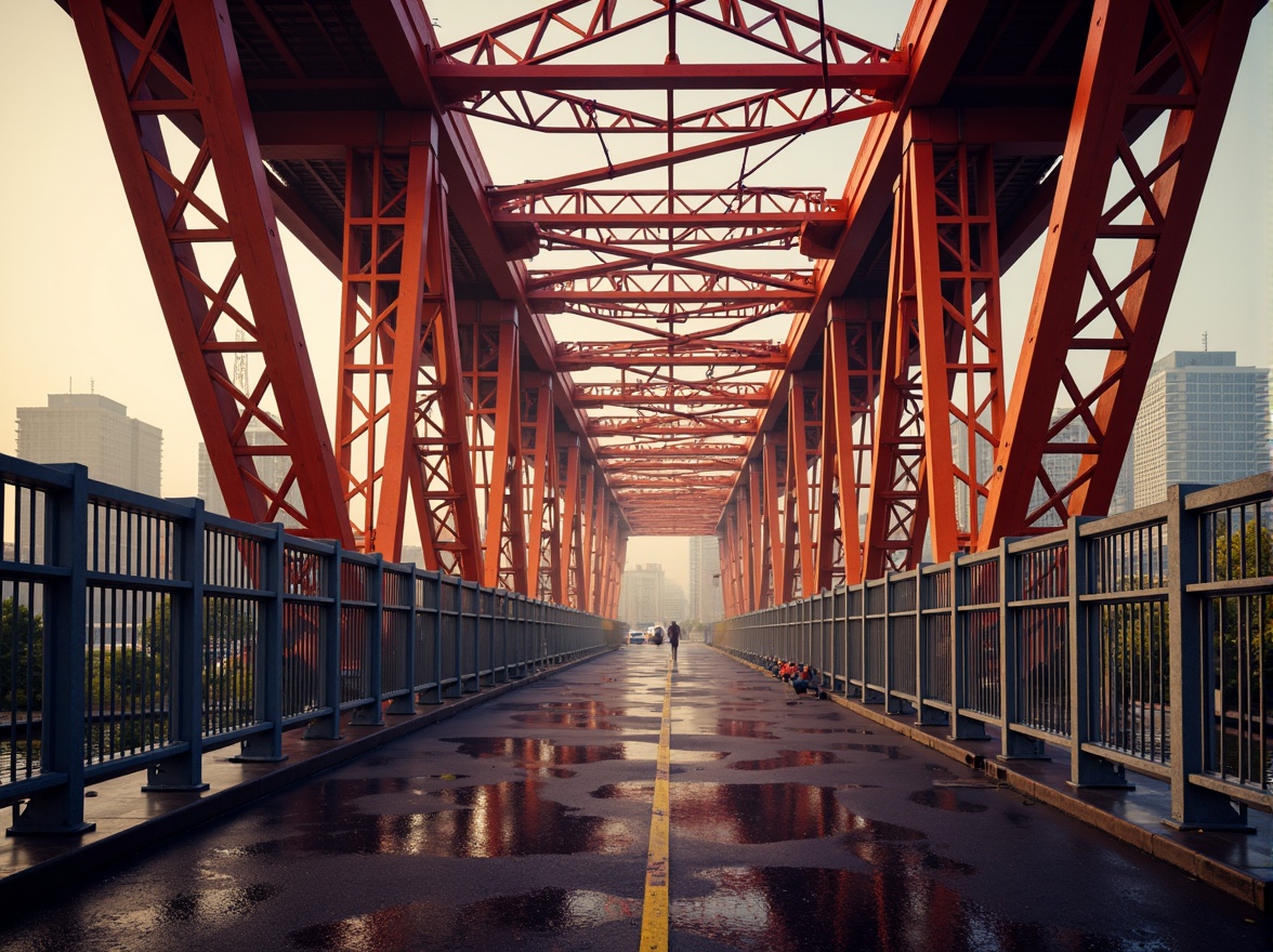 Prompt: Vibrant bridge structure, metallic latticework, warm golden lighting, industrial steel beams, urban cityscape, misty foggy morning, atmospheric perspective, 1/1 composition, symmetrical architecture, bold primary colors, bright accent hues, gradient sky, soft focus blur, realistic reflections, ambient occlusion.Please let me know if this meets your requirements!