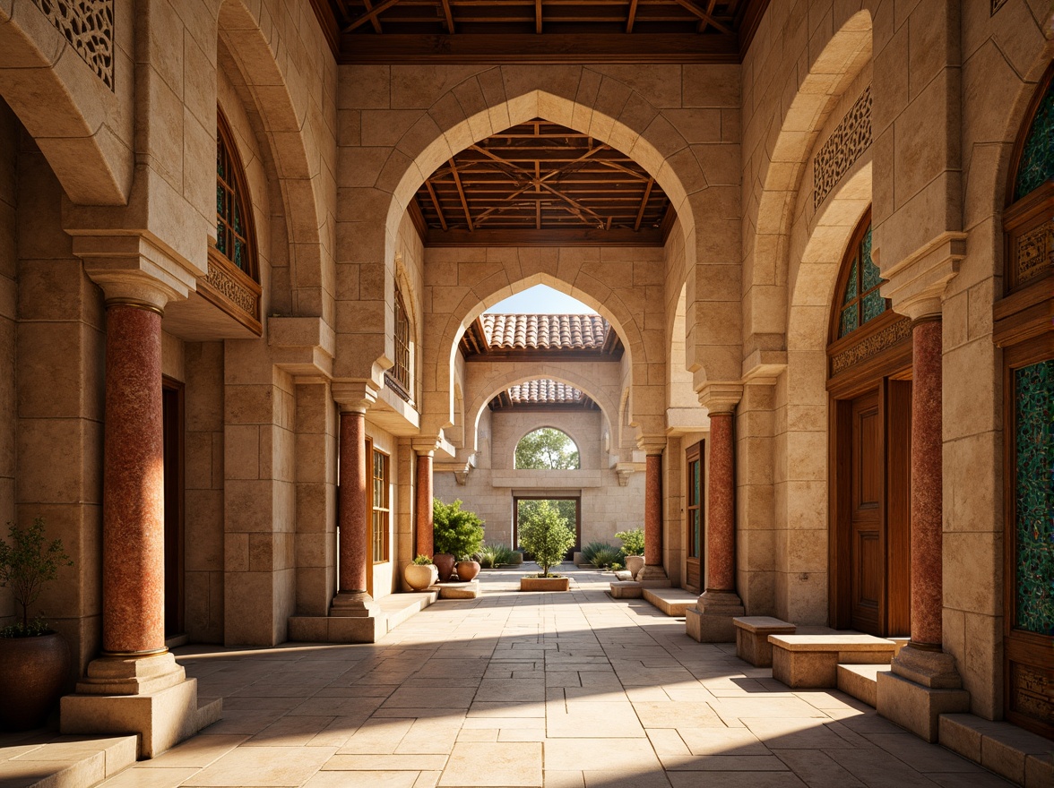 Prompt: Warm beige stone walls, earthy terracotta rooftops, soft golden lighting, rustic wooden accents, ornate carvings, vibrant turquoise mosaics, rich crimson red columns, weathered bronze details, intricate stone archways, majestic grandeur, dramatic vaulted ceilings, mystical ambiance, warm afternoon sunlight, shallow depth of field, 1/1 composition, symmetrical framing.