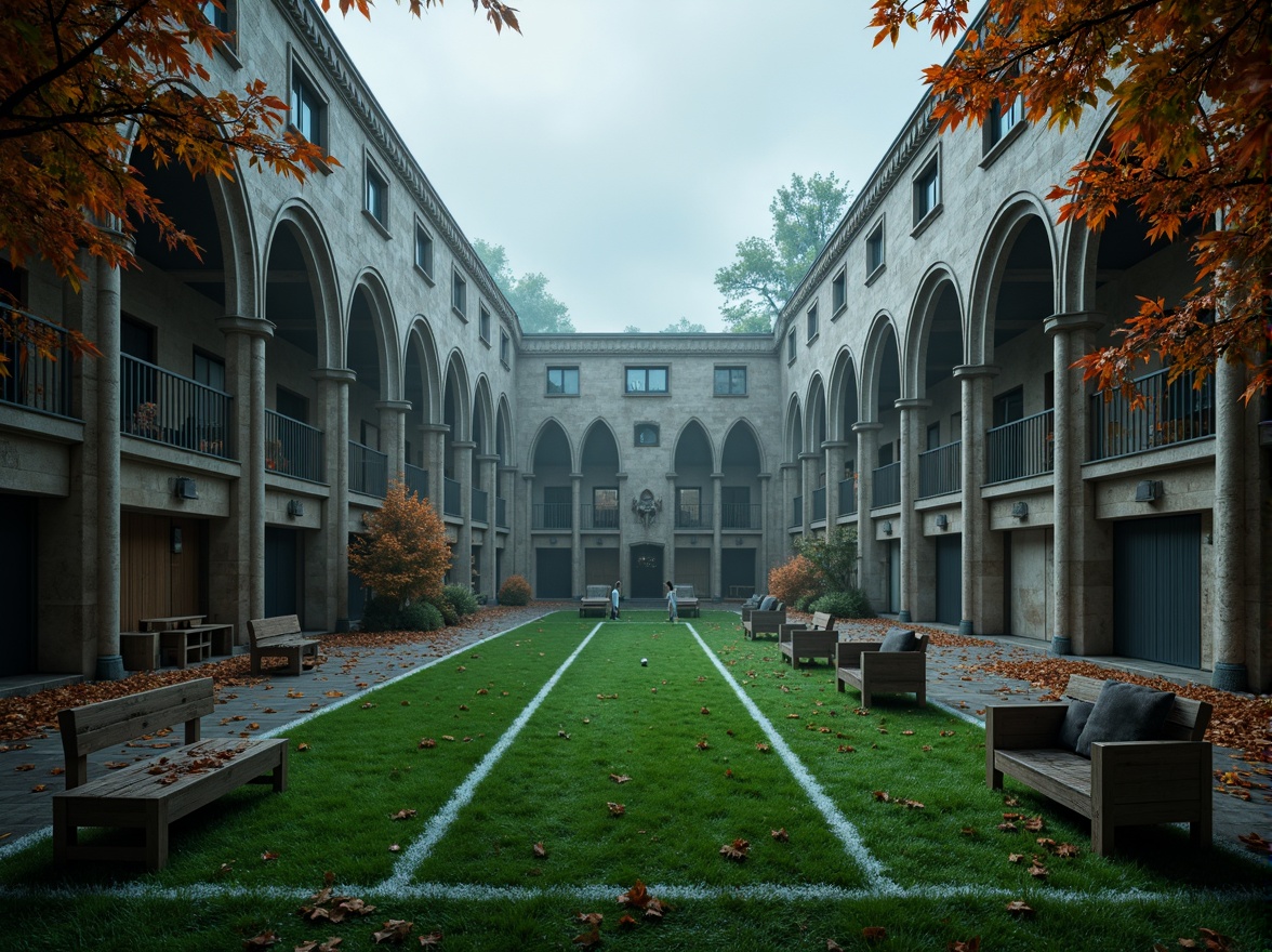 Prompt: Mysterious Gothic arches, ornate stone carvings, lush green grass, rugby field markings, goalposts, sports equipment, medieval-inspired benches, misty atmosphere, overcast sky, dramatic lighting, low-angle shot, 2/3 composition, symmetrical framing, vibrant autumn foliage, meandering stone pathways, ancient tree silhouettes, eerie fog effects, mystical ambient sounds.