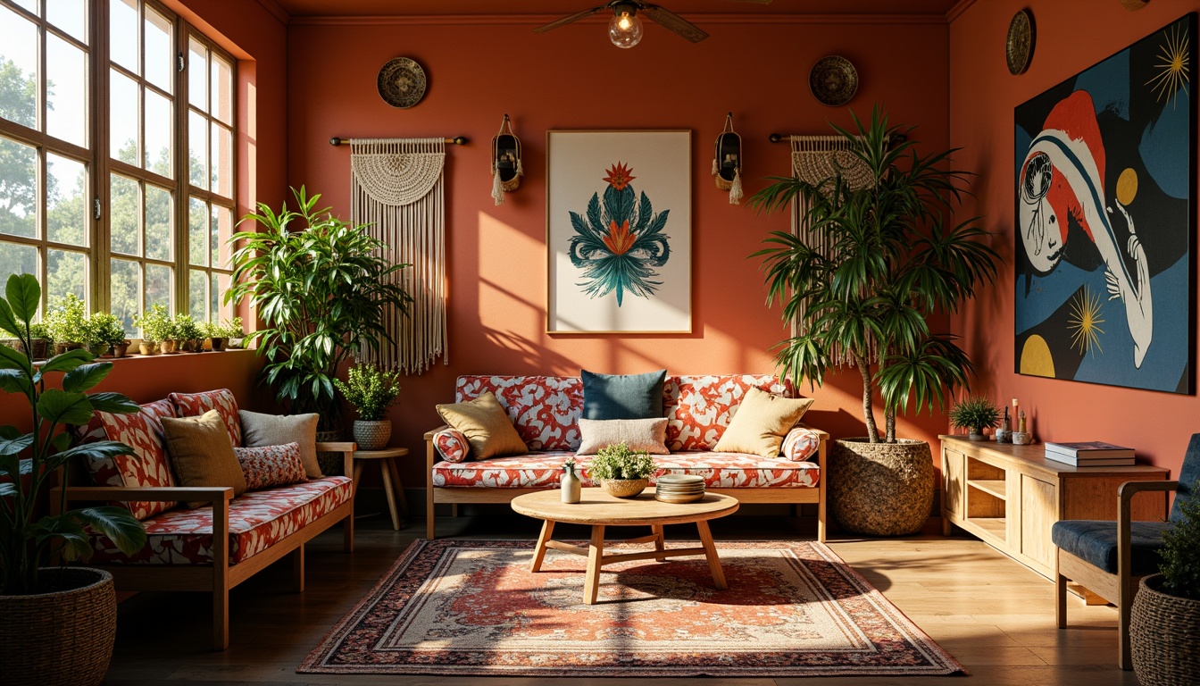 Prompt: Vibrant artistic studio, eclectic bohemian decor, warm earthy tones, rich jewel-toned walls, bold graphic patterns, statement furniture pieces, lush greenery, natural textiles, woven baskets, macrame wall hangings, global-inspired accents, warm golden lighting, soft diffused shadows, 1/1 composition, realistic textures, ambient occlusion.