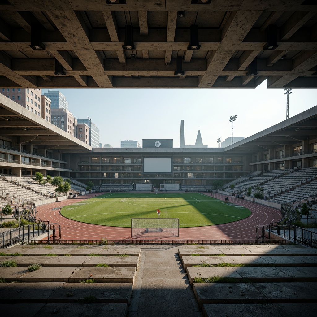 Prompt: Rugged sports fields, brutalist concrete structures, angular lines, exposed ductwork, industrial materials, functional design, urban landscape, gritty atmosphere, dramatic shadows, high-contrast lighting, bold geometric shapes, monumental scale, raw textures, distressed finishes, weathered steel beams, poured concrete walls, athletic track markings, goalposts, soccer nets, basketball hoops, tennis courts, spectator stands, functional floodlights, realistic rendering, cinematic composition.