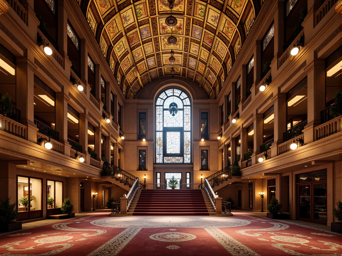 Prompt: Grand theater building, ornate facade, academic architectural style, colored glass mosaics, intricate stone carvings, ornamental metalwork, grand entrance archways, sweeping staircases, lavish chandeliers, richly patterned rugs, velvet drapes, dramatic spotlights, warm golden lighting, shallow depth of field, 1/1 composition, symmetrical framing, high-contrast colors, realistic glass reflections, ambient occlusion.