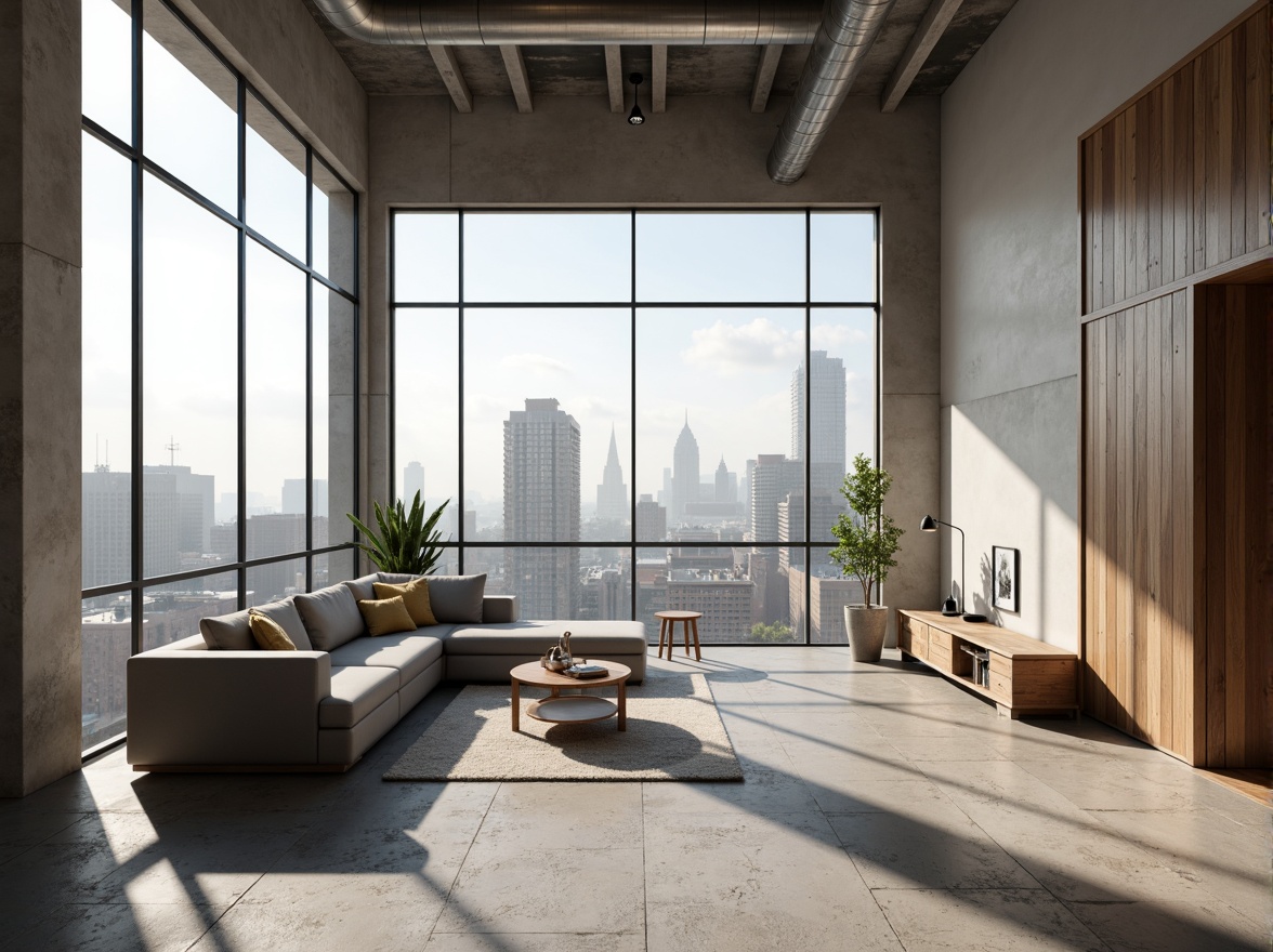 Prompt: Monochromatic loft interior, sleek modern furniture, polished concrete floors, industrial chic accents, metallic tones, soft cream walls, rich wood textures, minimalist decor, floor-to-ceiling windows, urban cityscape views, morning natural light, subtle shadows, 1/1 composition, atmospheric mist, realistic reflections, ambient occlusion.