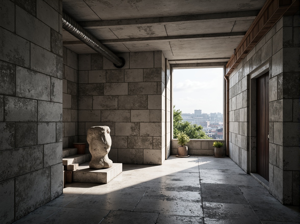 Prompt: Rough concrete surfaces, exposed ductwork, industrial metal beams, bold geometric forms, fortress-like structures, raw unfinished aesthetics, dramatic natural light, monochromatic color palette, rugged stone walls, distressed wood accents, brutalist sculptures, urban cityscape, overcast sky, high-contrast lighting, shallow depth of field, 2/3 composition, gritty realistic textures, ambient occlusion.