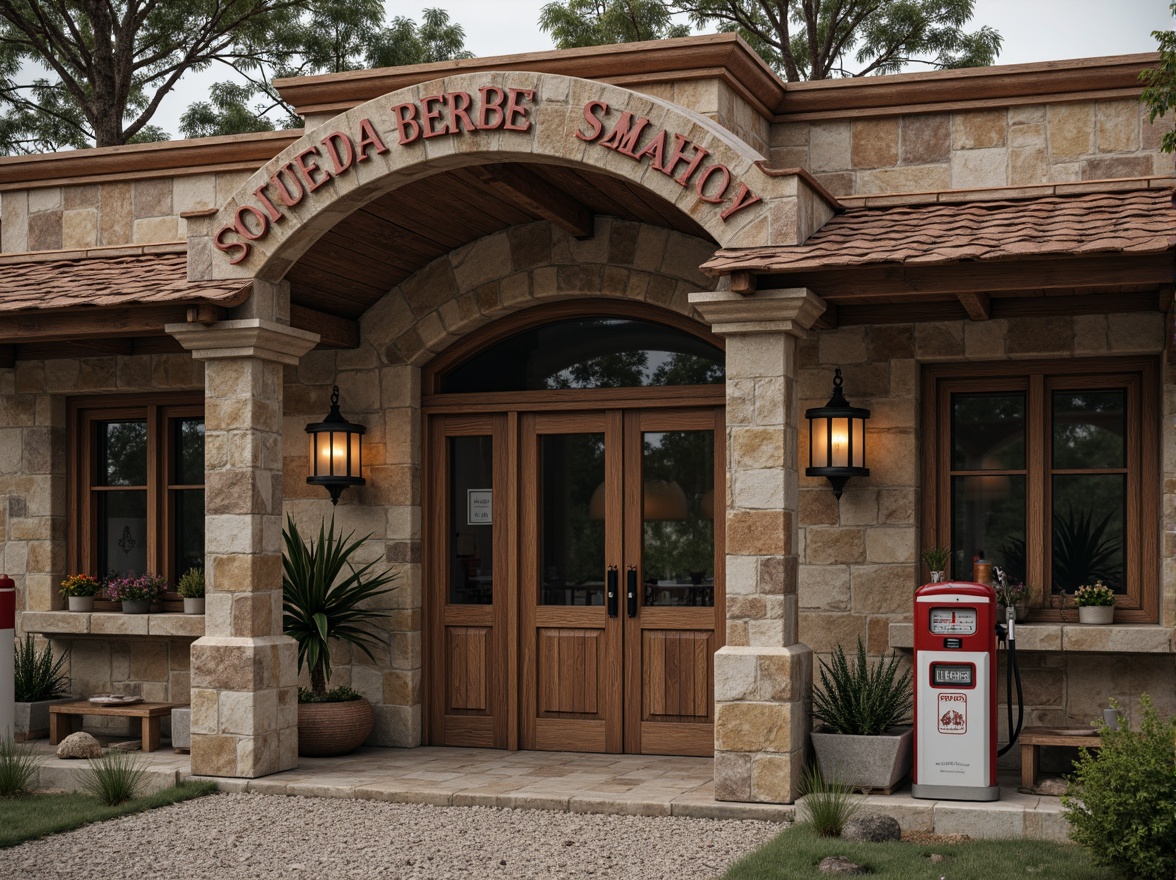 Prompt: Rustic gas station, stone cladding exterior, rugged natural textures, earthy tones, medieval-inspired architecture, Romanesque arches, ornate carvings, distressed stone walls, weathered copper roofing, vintage gas pumps, classic signage, warm ambient lighting, shallow depth of field, 1/1 composition, symmetrical framing, realistic wear and tear, subtle atmospheric effects.