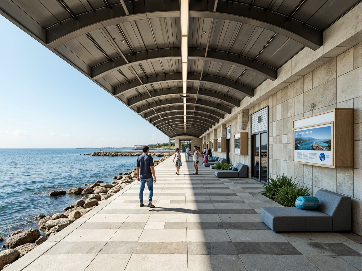 Prompt: Modern coastal metro station, ocean-inspired interior design, wave-patterned flooring, beachy color scheme, nautical-themed decorations, sleek metal handrails, large ocean-view windows, natural stone walls, energy-efficient lighting systems, eco-friendly seating areas, recycled material furniture, minimalist information displays, clear signage, airy open spaces, shallow water features, subtle sea-salt scent, soft ocean breeze sound effects, 1/1 composition, warm color temperature, realistic textures, ambient occlusion.