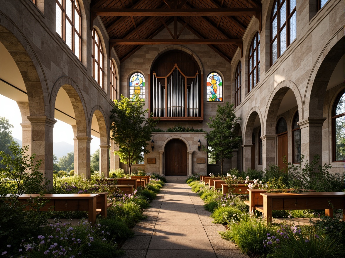 Prompt: Rustic stone fa\u00e7ade, curved lines, asymmetrical architecture, vibrant stained glass windows, natural light pouring in, lush greenery, wildflower meadow, winding pathways, wooden benches, intricately carved pews, ornate metalwork, grand organ pipes, vaulted ceilings, warm earthy tones, soft diffused lighting, shallow depth of field, 1/1 composition, realistic textures, ambient occlusion, serene atmosphere, peaceful ambiance.