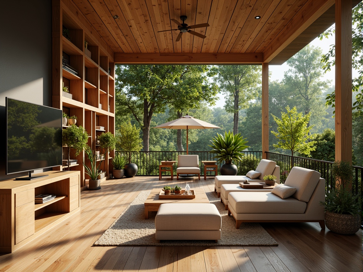 Prompt: Eco-friendly building, reclaimed wood accents, low-VOC paints, bamboo flooring, recycled glass countertops, sustainable fabric upholstery, energy-efficient systems, solar panels, green roofs, rainwater harvesting systems, natural ventilation, organic textures, earthy color palette, soft warm lighting, shallow depth of field, 3/4 composition, panoramic view, realistic rendering.