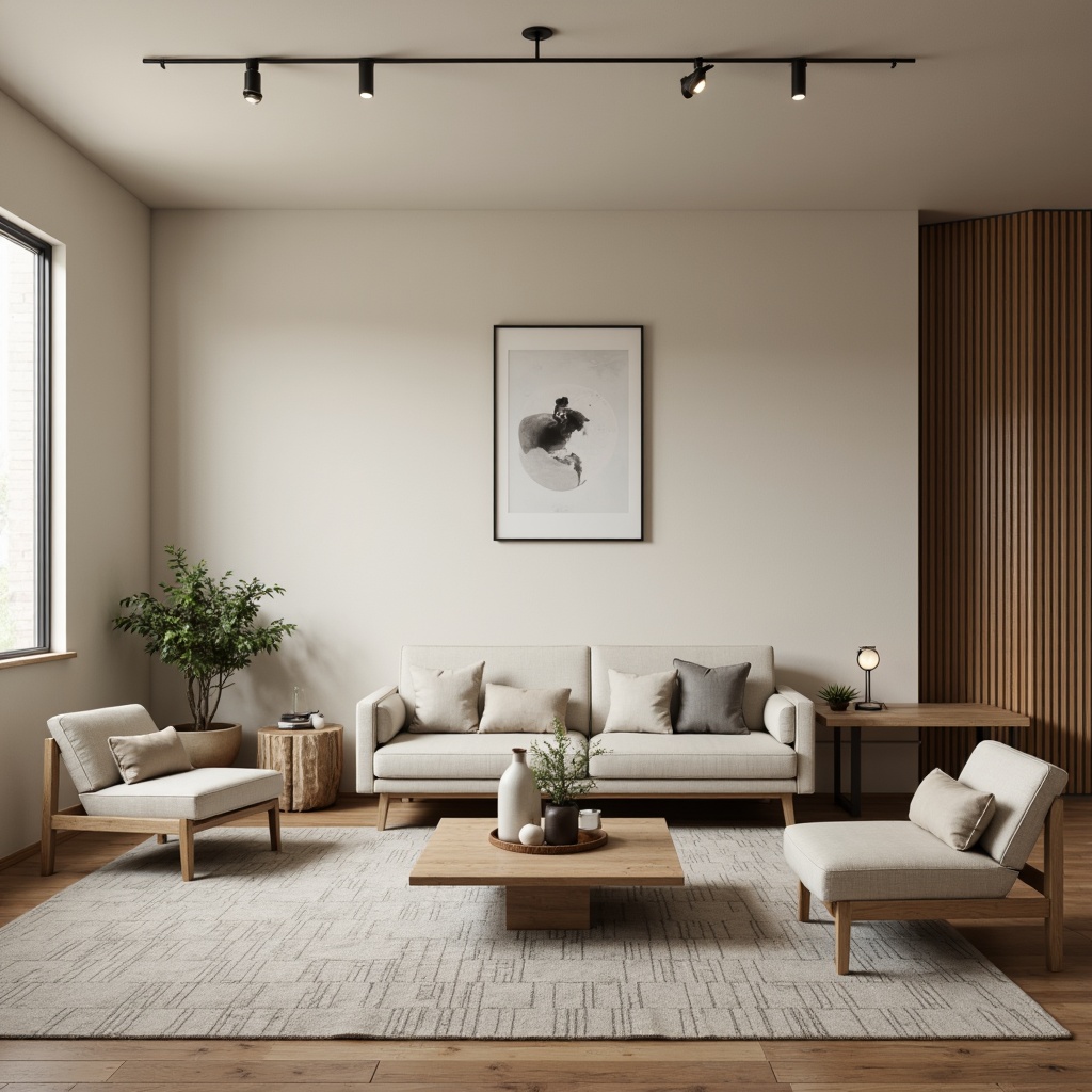 Prompt: Monochromatic interior space, neutral color palette, soft beige walls, minimalist furniture, sleek low-profile sofa, geometric-patterned rug, subtle texture contrasts, ambient warm lighting, natural materials, wooden accents, simple decorative objects, sparse greenery, industrial-chic metal fixtures, matte black frames, soft focus, shallow depth of field, 2/3 composition, atmospheric mood.