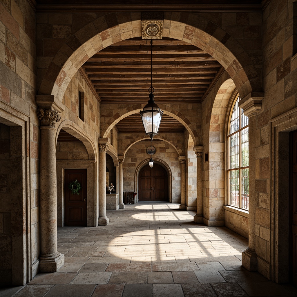 Prompt: Ancient stone arches, rustic roman-esque architecture, weathered stonework, ornate carvings, grand entranceways, vaulted ceilings, ribbed domes, stained glass windows, intricate mosaics, ornamental capitals, worn stone flooring, mysterious ambiance, warm soft lighting, shallow depth of field, 2/3 composition, symmetrical framing, realistic textures, subtle atmospheric effects.