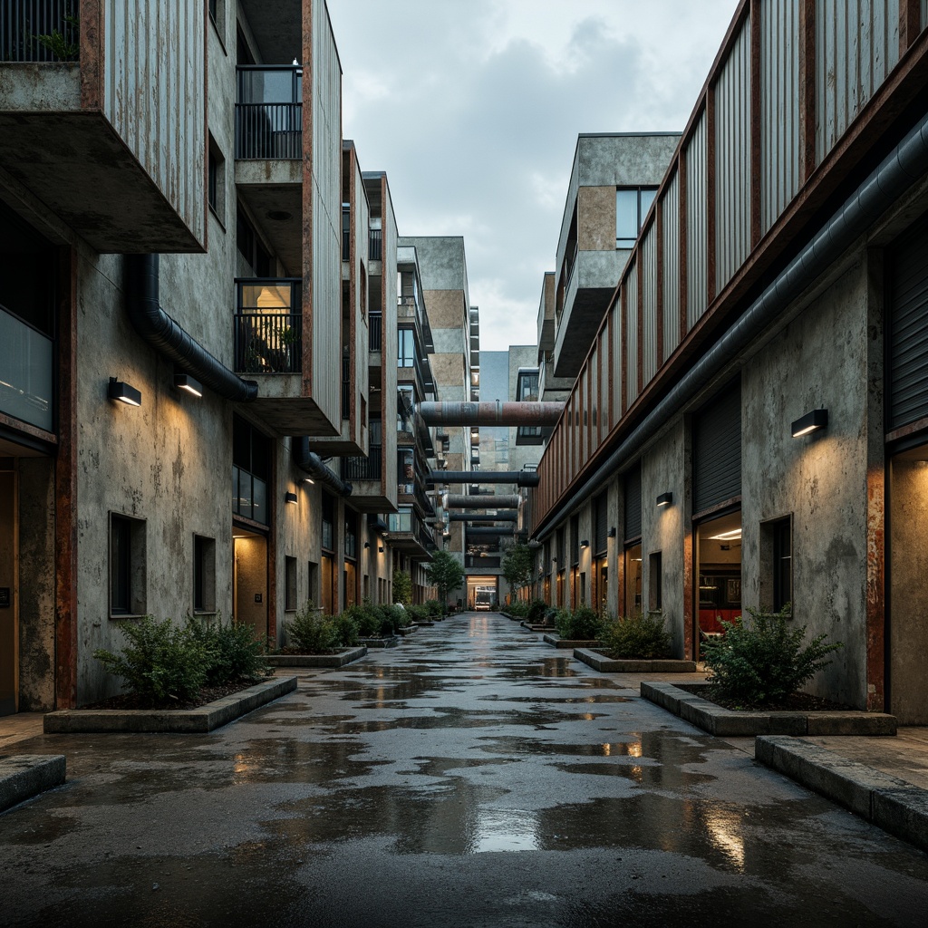 Prompt: Rugged coastal factory, brutalist architecture, weathered concrete walls, rusty metal beams, industrial pipes, exposed ductwork, corrugated metal cladding, angular shapes, raw textures, distressed finishes, ocean-inspired color palette, stormy weather, dramatic lighting, high contrast, cinematic composition, wide-angle lens, 2.35