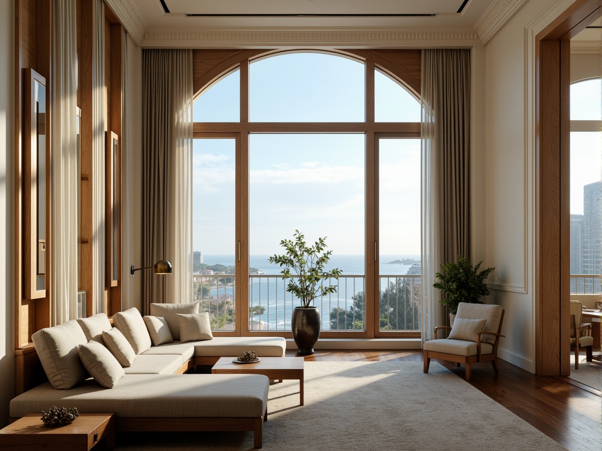 Prompt: \Elegant skyscraper, coastal ocean views, floor-to-ceiling windows, soft billowy curtains, linen fabrics, natural wood accents, brass hardware, ornate moldings, classical arches, cream-colored walls, rich walnut floors, plush area rugs, statement lighting fixtures, ambient warm glow, 1/2 composition, dramatic vertical lines, realistic glass reflections, subtle ocean breeze.\