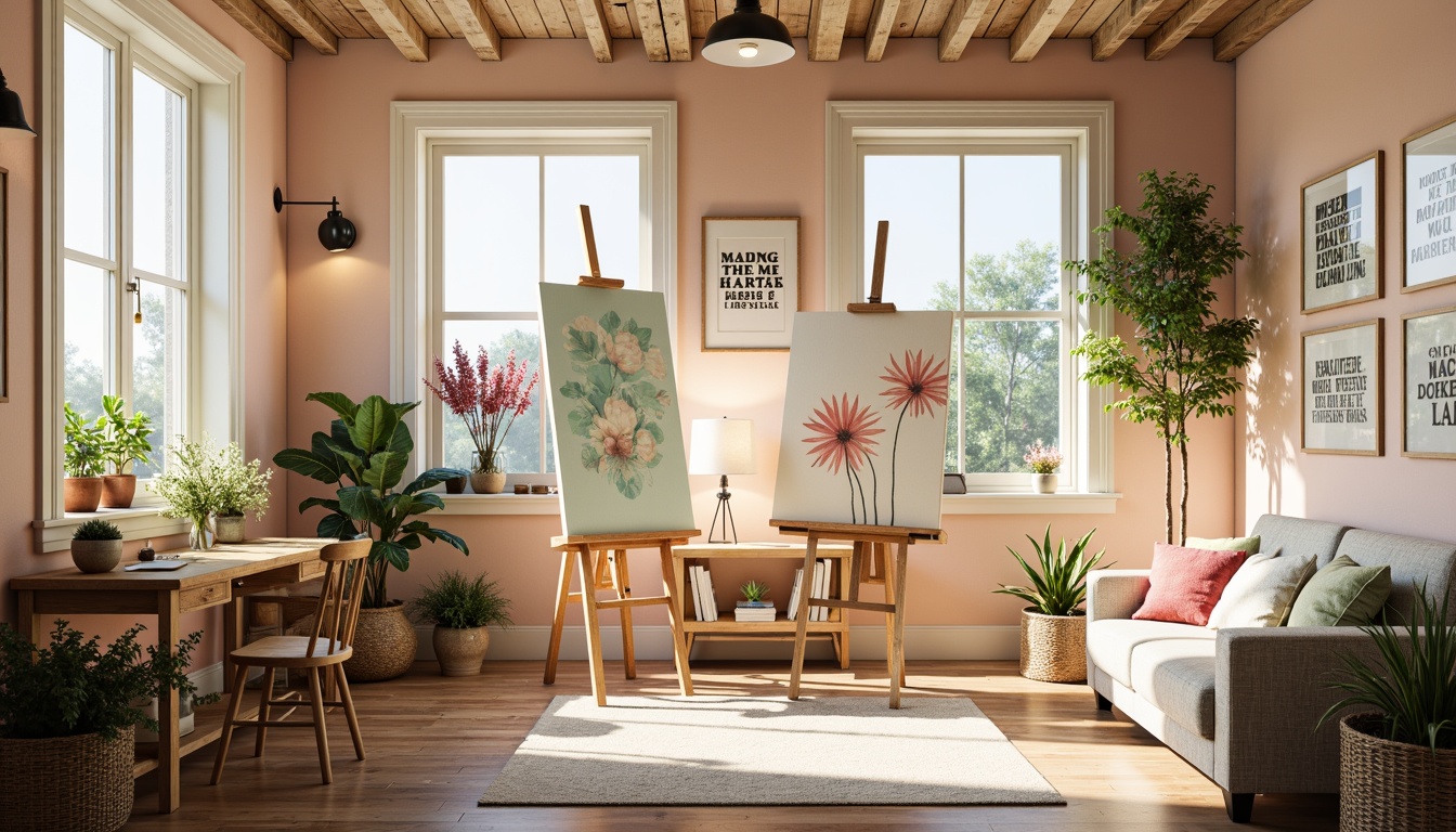 Prompt: Vibrant art studio, natural light, wooden easels, artistic tools, inspirational quotes, calming ambiance, soothing color palette, pastel hues, soft peach tones, gentle mint greens, creamy whites, warm beige accents, textured canvas, abstract artwork, eclectic decorations, cozy reading nook, comfortable seating area, large windows, blooming flowers, sunny afternoon, soft diffused lighting, 1/2 composition, intimate atmosphere.