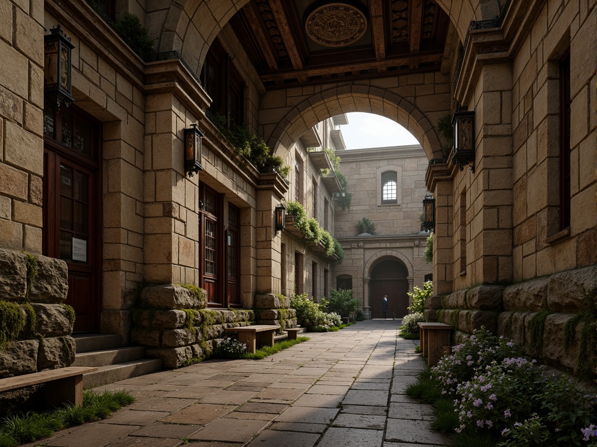 Prompt: Rustic Romanesque architecture, weathered stone walls, ornate carvings, intricate archways, grandiose columns, richly textured surfaces, earthy tone palette, moss-covered stones, worn wooden accents, distressed metal embellishments, ancient ruins-inspired design, mysterious ambient lighting, high contrast shadows, 1/2 composition, atmospheric perspective, cinematic depth of field, realistic normal mapping.