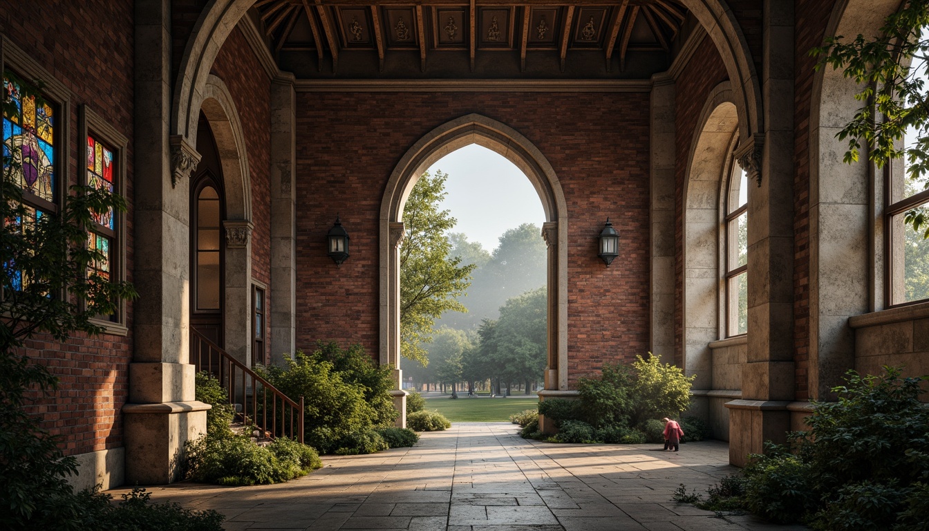 Prompt: Ancient Romanesque arches, intricately carved stonework, ornate capitals, rustic red brick walls, vaulted ceilings, grand entranceways, imposing stone columns, mystical stained glass windows, soft warm lighting, dramatic shadows, shallow depth of field, 1/2 composition, symmetrical framing, rich textures, atmospheric mist, medieval-inspired surroundings, lush greenery, overcast sky.