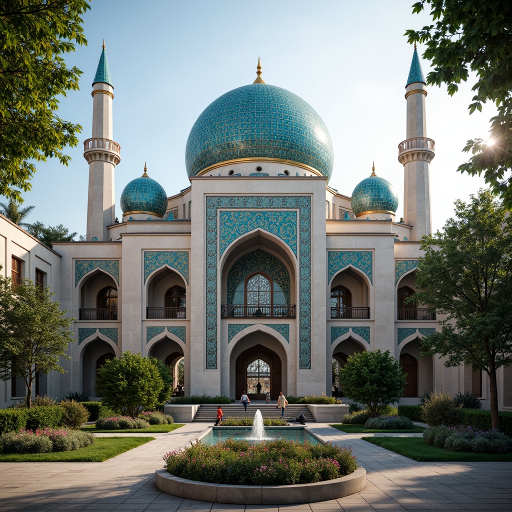 Prompt: Majestic Prussian blue domes, intricately patterned Islamic architecture, vibrant turquoise accents, golden geometric motifs, ornate archways, grandiose minarets, lush green courtyards, serene water features, warm natural light, soft misty atmosphere, 1/2 composition, symmetrical framing, realistic textures, ambient occlusion.