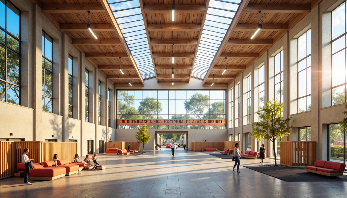 Prompt: Bright gymnasium interior, high ceilings, large windows, transparent glass walls, natural stone floors, wooden athletic equipment, vibrant color schemes, motivational quotes, modern architectural design, clerestory windows, skylights, diffused daylighting, soft warm glow, shallow depth of field, 1/1 composition, panoramic view, realistic textures, ambient occlusion.