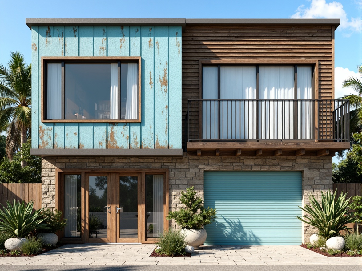 Prompt: Coastal building facade, ocean-inspired colors, weathered wooden accents, corrugated metal cladding, rustic stone walls, large windows with shutters, wind-resistant doors, salt-tolerant materials, beachy vibe, seaside ambiance, sunny day with sea breeze, soft natural lighting, 1/2 composition, wide-angle lens, realistic reflections, ambient occlusion.