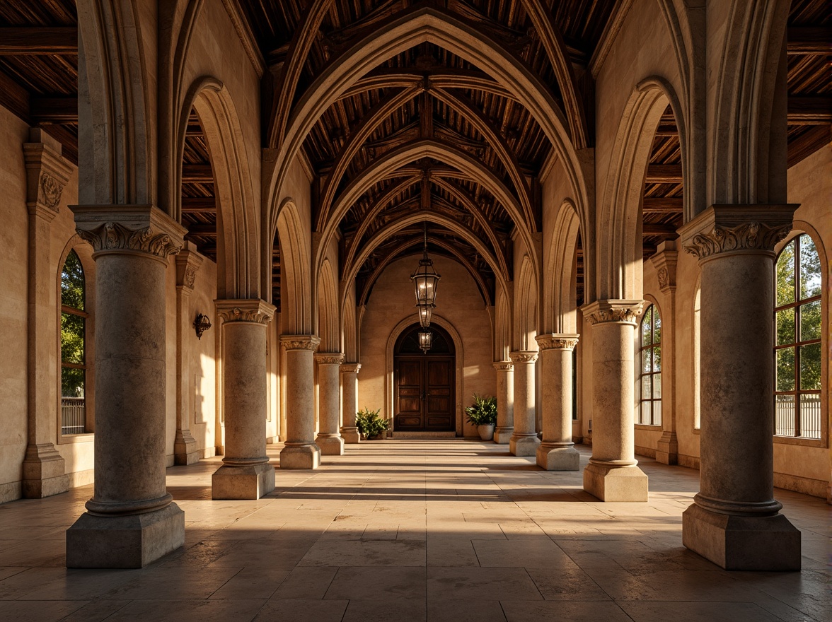 Prompt: Rustic stone columns, ornate capitals, carved acanthus leaves, richly textured arches, intricate carvings, warm earthy tones, ornamental metalwork, Gothic-inspired ribbed vaults, grandiose scale, dramatic lighting, high contrast shadows, 1/1 composition, symmetrical framing, warm golden hour, soft diffused light, ambient occlusion, realistic stone textures.