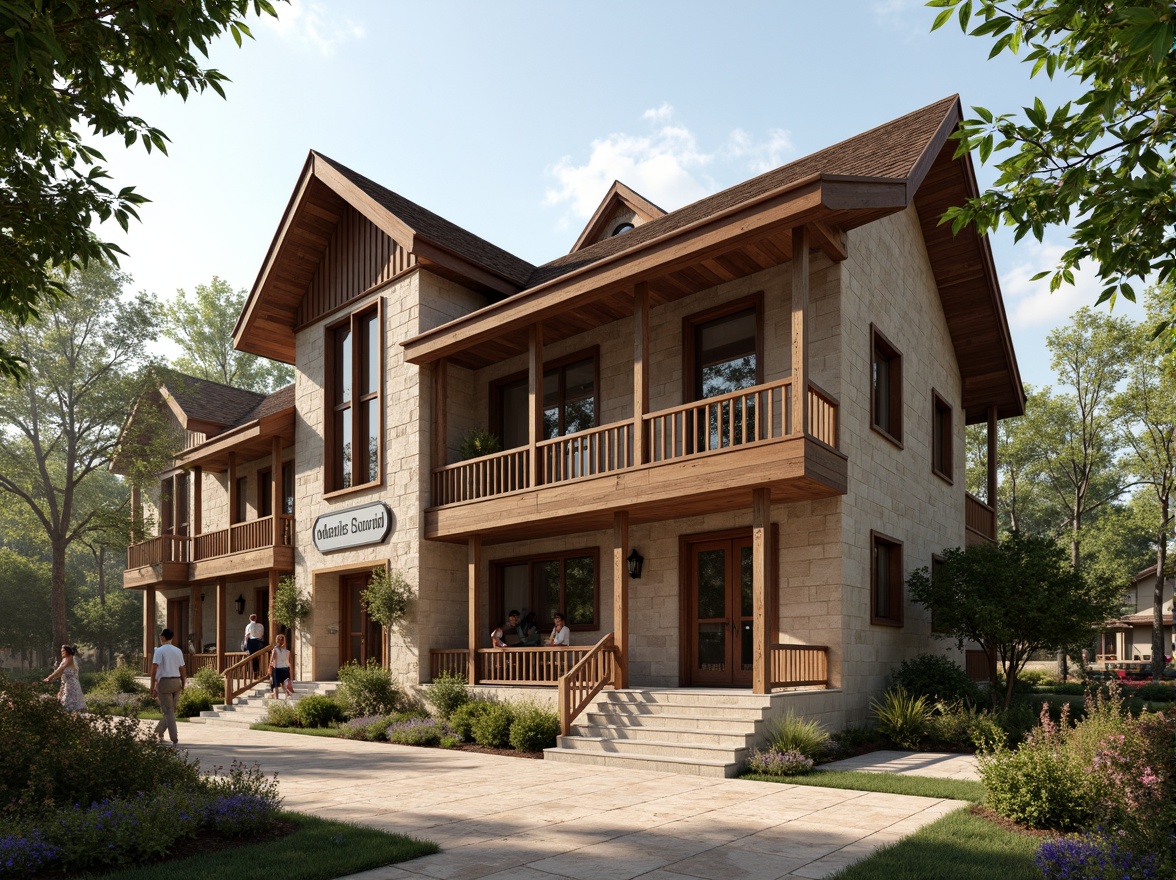 Prompt: Rustic school building, earthy tones, natural stone fa\u00e7ade, wooden accents, sloping roofs, vibrant greenery, educational signage, traditional ornaments, cultural heritage elements, regional materials, authentic textures, soft warm lighting, shallow depth of field, 3/4 composition, panoramic view, realistic reflections, ambient occlusion.