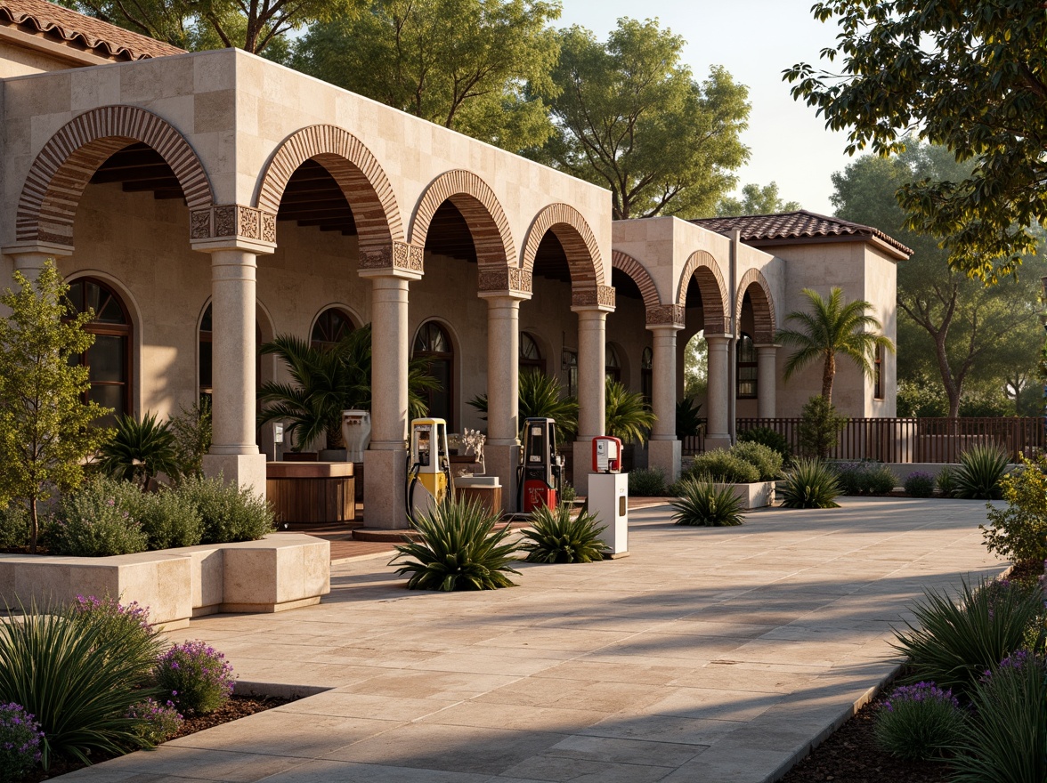 Prompt: Rustic gas station, Romanesque arches, ornate stone carvings, terracotta rooftops, vintage fuel pumps, lush greenery, blooming flowers, meandering walkways, natural stone walls, wrought iron fences, Mediterranean-inspired landscaping, warm golden lighting, soft focus, 1/2 composition, atmospheric perspective, realistic textures, ambient occlusion.Please let me know if this meets your requirements!