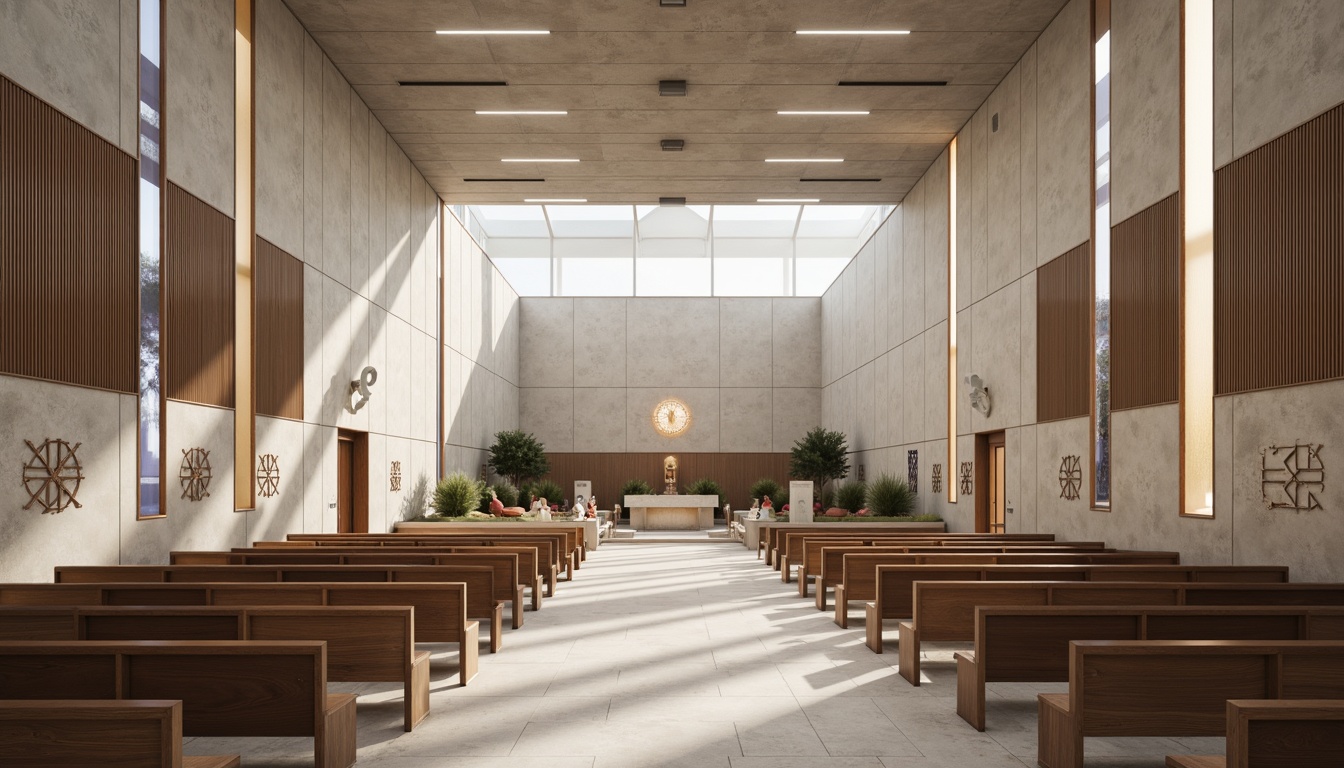 Prompt: Contemporary worship space, minimalist architecture, neutral color palette, exposed concrete walls, polished marble floors, wooden accents, subtle LED lighting, geometric patterns, stained glass windows, abstract sculptures, serene ambiance, natural ventilation, open floor plan, clerestory windows, diffused soft light, 1/1 composition, realistic textures, ambient occlusion.